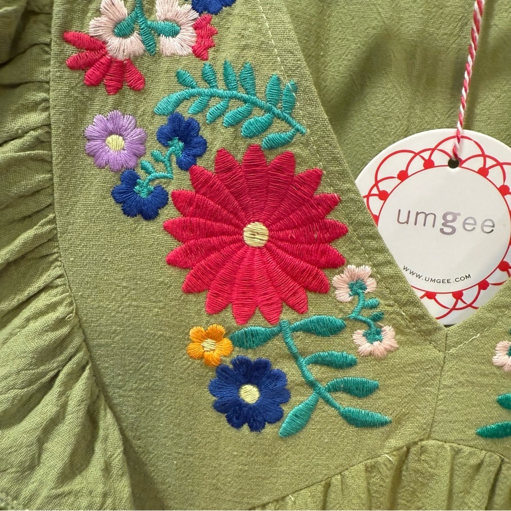 Umgee Small Olive Green Tiered Dress with Multicolor Floral Embroidery - Picture 4 of 7